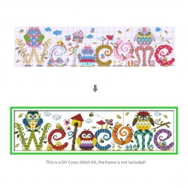 Decdeal 22.8 * 6.7 inches The Owl Welcome Card Pattern Cross Stitch Kit with Pre-printed 14CT Canvas Cloth & Cotton Thread Embroidery Cross-Stitching Needlework Home Wall Decor