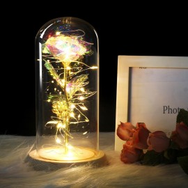 Birthday Gift Beautiful Preserved Rose Flower LED Light with Glass Cover Wooden Base Valentines Day Wedding Gift