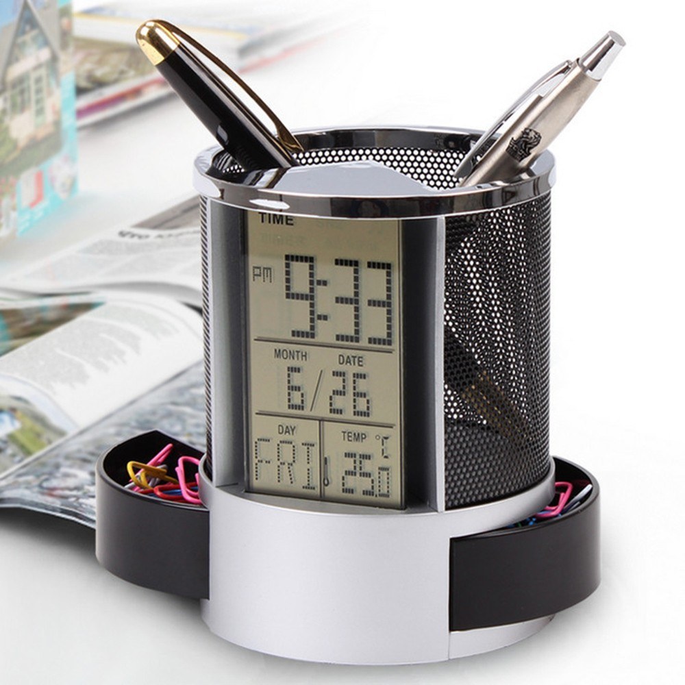 Pen Pencil Holder Digital LCD Desk Alarm Clock