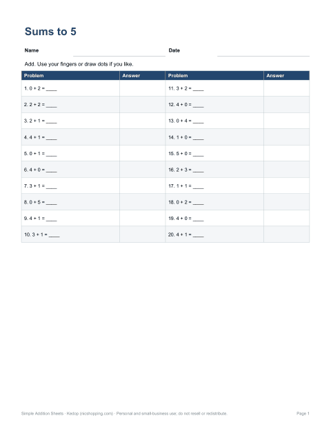 Preview of the first page of Sums to 5